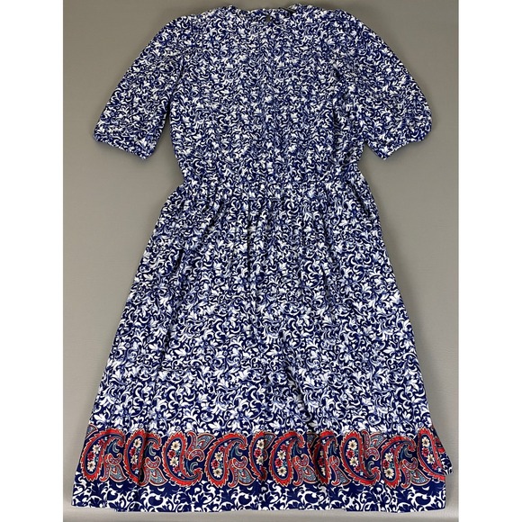 Vintage Statements Floral Dress Medium Blue White Red Paisley Border Made in USA - Picture 1 of 11